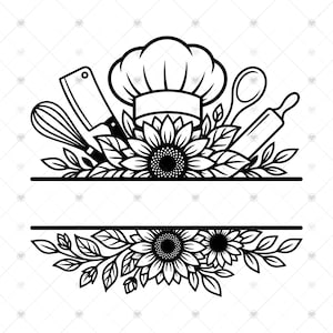 Può includere: Un disegno a linee bianche e nere raffigurante un cappello da chef, una frusta, una mannaia, un cucchiaio di legno e un mattarello sopra un motivo di girasoli e foglie, con un design a cornice orizzontale divisa e altri girasoli sotto.