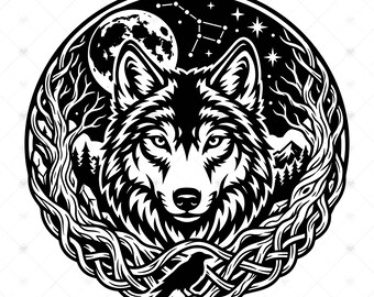 Wolf Moon SVG PNG: Celtic Norse Medallion, Constellation Night Sky, Mystical Wolf Shirt, Wall Art, SVG, Instant Download