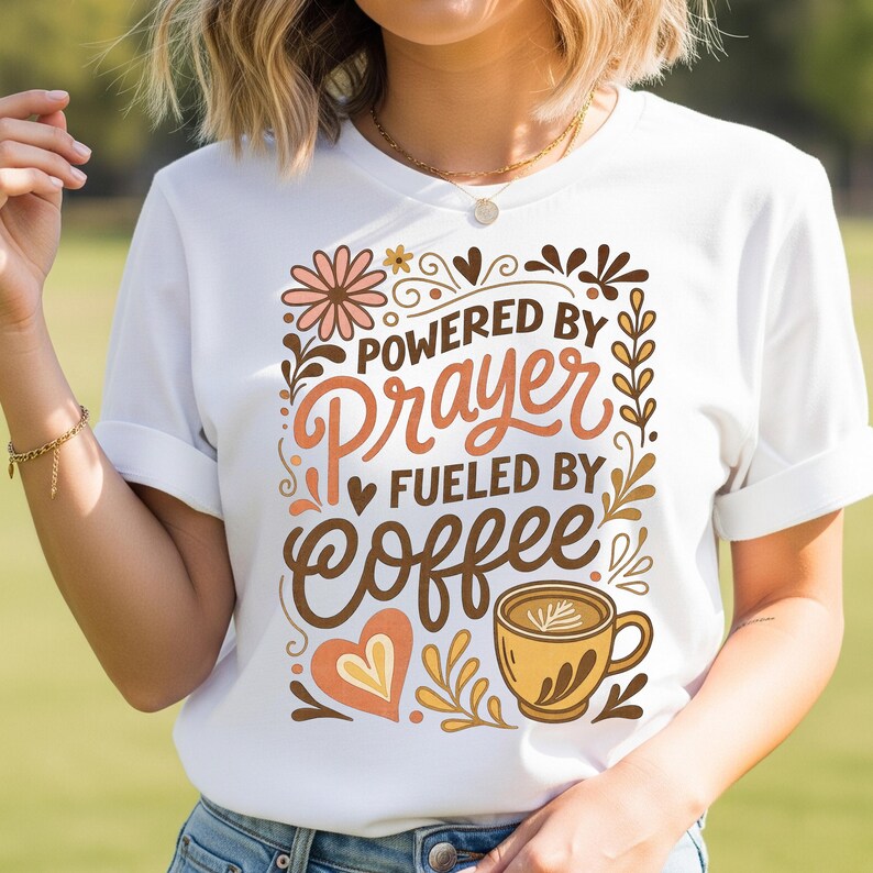 May include: White t-shirt with the text "POWERED BY PRAYER FUELED BY COFFEE" in brown, orange, and cream colors. The design includes a coffee cup, hearts, and floral elements. The shirt has rolled-up sleeves.
