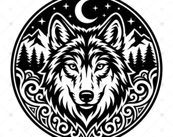 Tribal Wolf SVG PNG: Maori Wolf Portrait Circle, Crescent Moon Mountain, Spirit Animal Shirt, SVG Instant Download