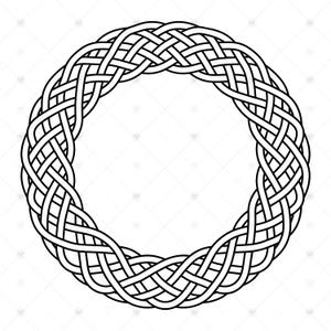 May include: A circular graphic design featuring a continuous black and white Celtic knot pattern. The intricate, interwoven lines form a symmetrical ring shape with a hollow center, creating a complex, repeating geometric braid motif.