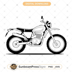 May include: A black and white digital illustration of a motorcycle in profile view. The graphic features a fuel tank, a seat, a headlight, and knobby tires. Above the motorcycle, the text reads DIGITAL DOWNLOAD. Below, the text reads SunbeamPressStore PNG SVG.