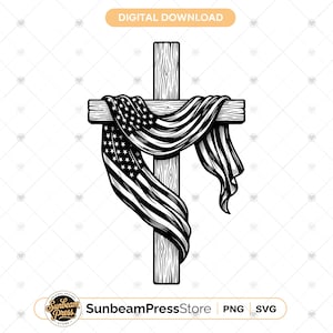 May include: A black and white digital illustration of a wooden cross draped with an American flag. The cross features a detailed wood grain texture, and the flag is depicted with stars and stripes, hanging over the horizontal bar of the cross.