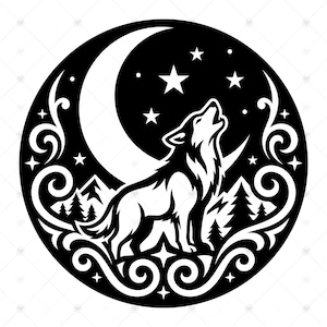 Howling Wolf SVG PNG: Crescent Moon Circle, Tribal Scrollwork, Night Sky Shirt, Wolf Wall Art, SVG, Instant Download