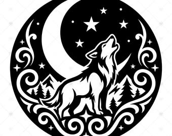 Howling Wolf SVG PNG: Crescent Moon Circle, Tribal Scrollwork, Night Sky Shirt, Wolf Wall Art, SVG, Instant Download