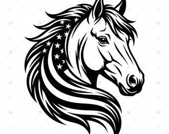 Cavallo patriottico SVG PNG: design della criniera con bandiera americana, regalo per amanti dei cavalli, maglietta equestre, 4 luglio, SVG, download immediato