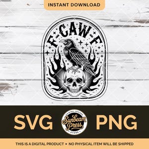 Può includere: Design digitale in bianco e nero con un corvo appollaiato su un teschio, con il testo "F-CAW-F" in una cornice ovale. Il design include fiamme e stelle. Sono presenti anche le parole "SVG" e "PNG".