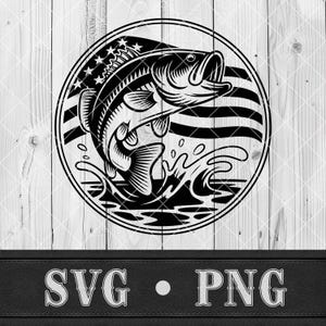 Puede incluir: Gráfico en blanco y negro de un róbalo saltando fuera del agua, dentro de un marco circular. El diseño incorpora la bandera estadounidense, con estrellas y rayas. Las palabras "SVG • PNG" están en la parte inferior.