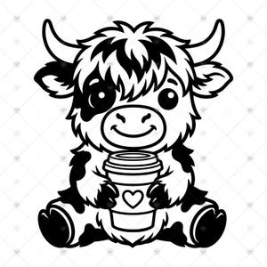 Highland Cow Coffee SVG: Cute Baby Calf T-Shirt Design, Coffee Lover Tumbler Wrap, Barista Mom Wall Art Gift, Cut Files, SVG, PNG