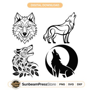 May include: Digital download featuring four black and white wolf designs. Includes a geometric wolf head, a howling wolf, a wolf with floral accents, and a wolf howling at the moon. The text "DIGITAL DOWNLOAD" is at the top.