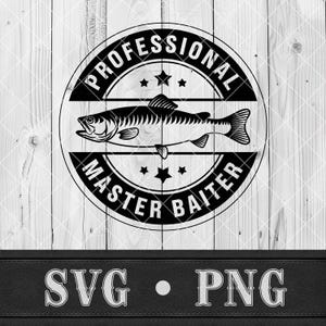 May include: A monochrome graphic design with a fish illustration at the centre of a circular emblem. The text reads "PROFESSIONAL MASTER BAITER". The image also includes the text "SVG • PNG" at the bottom.