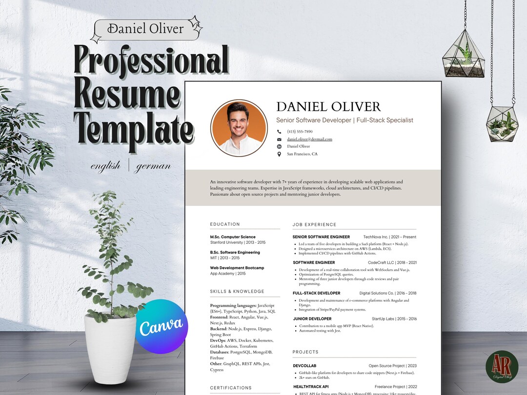 Modern Resume Template CV Cover Letter English German Canva Editable ...