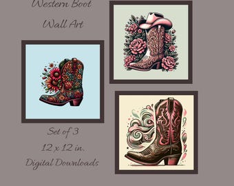 Westernboot muurkunst set van 3 | Cowboylaarsprint met bloemen | Digitale download | Kamerdecoratie cowgirl | Rustieke, landelijke stijl