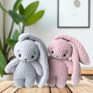 May include: Two handmade crochet bunny rabbits. One is light gray, the other is pink. Both have long floppy ears, small black eyes, and a stitched mouth. The bunnies are standing upright, showcasing their soft, textured yarn construction.