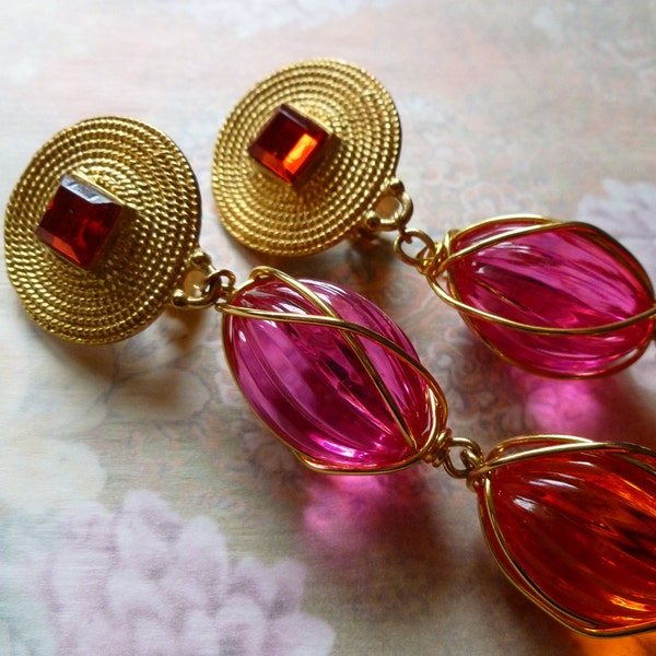 80s Dangle Clip Earrings Pink Orange