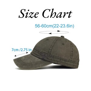 Puede incluir: Gorra de b&eacute;isbol verde oliva con visera curva. La gorra tiene un peque&ntilde;o emblema cuadrado y una tabla de tallas que indica una circunferencia de cabeza de 56-60 cm (22-23,6 pulgadas). La visera mide 7 cm (2,75 pulgadas).