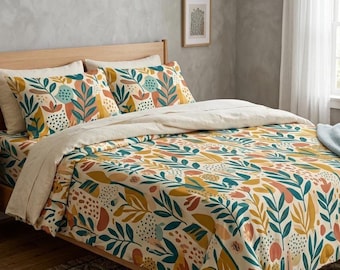 Mid-Century Bloosom Pattern Bedsheet  - 100% Organic Cotton King Size Bedsheet Set - M-Century Style Home Decor"  Bed sheet