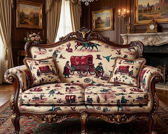 Retro Montage of Cowgirls on horseback, Covered Wagons, and Cacti. Upholstery Fabric
