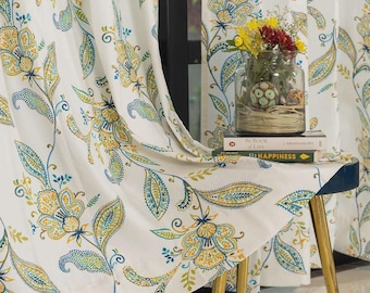 Teal Green Paisley Print Curtain - Floral Printed Custom Curtain Luxury Window Drapes Panel