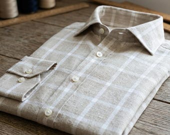 Beige Windowpane Check Linen Fabric – Beige Windowpane Check Pure 100% Linen Lightweight Apparel Textile Loom Fabric By the yard