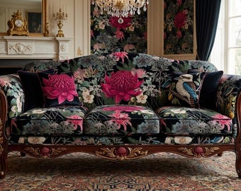 Vintage Style Botanical Upholstery Fabric By Yard- Portuguese Artwork  birds & lush foliage Design Fabric