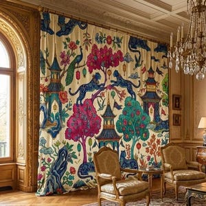 May include: Detailed, colourful curtains with an Asian-inspired design. The curtains have a cream background with vibrant illustrations of trees, pagodas, and animals. The room features a chandelier, antique furniture, and a fireplace.