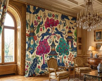Pagoda Forest Party Blue Chinoiserie Leopards Bright Trees Curtain - Flora & Fauna Asian Chinoiserie Custom Curtain Luxury Drapes Panel