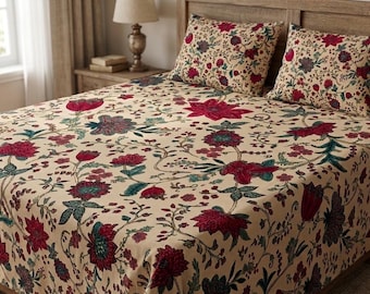 Floral Print Botanical BedSheet - Pink Peony Flower Printed Bed Sheet  - 100% Organic Cotton King Size Bedsheet