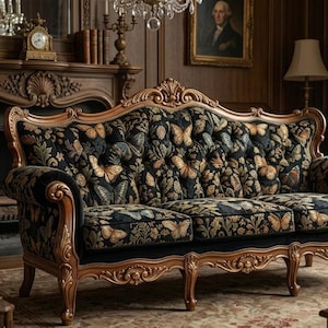 May include: A three-seat sofa with a dark background and a butterfly pattern. The sofa has a wooden frame with ornate carvings and a tufted back. The room has a fireplace, books, and a chandelier.