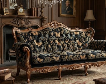 Rococo-style (Baroque Revival) Carved wood sofa upholstered in a dark, Butterfly-Patterned Upholstery Fabric