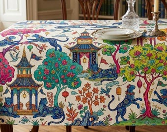 Pagoda Forest Party Blue Chinoiserie Leopards Bright Trees Tablecloth – Asian Chinoiserie Printed Tablecloth