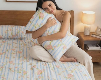 Luxury Rosaline-Stripes - 100% Organic Cotton King Size Bedsheet Set - Stripes Style Home Decor"  Bedsheet