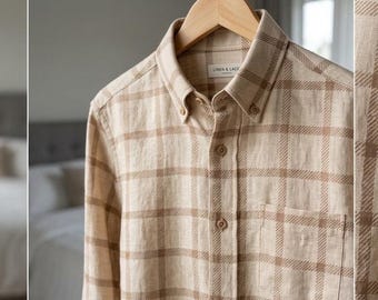 Harvest Check Linen Fabric – Windowpane Check Pure 100% Linen Lightweight Apparel Textile Loom Fabric By the yard