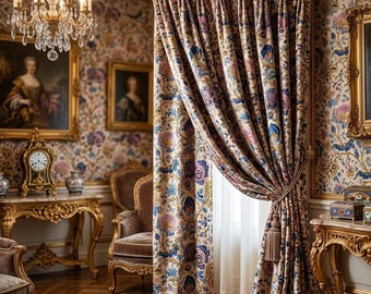 Antique French Indienne Print Curtain – Floral Luxury Window Drapes Panel