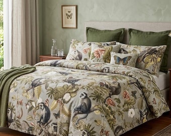 Tropical Jungle Print with Monkeys and Colorful Flowers Bedsheet  - 100% Organic Cotton King Size Bedsheet -Jungle Print Home Decor Sheet