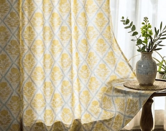 Yellow Floral Diamond Print Curtain - Yellow Rose Trellis Printed Custom Curtain Luxury Window Drapes Panel