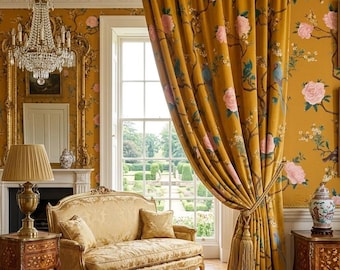 Bird Chinoiserie Curtain in Upholstery Fabric  - Bird Chinoiserie Printed Custom Curtain Luxury Window Drapes Panel