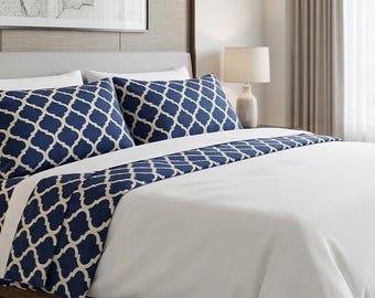 Imperial Blue Pattern Bedsheet  - 100% Organic Cotton King Size Bedsheet Set - Geometric Style Home Decor Bed sheet
