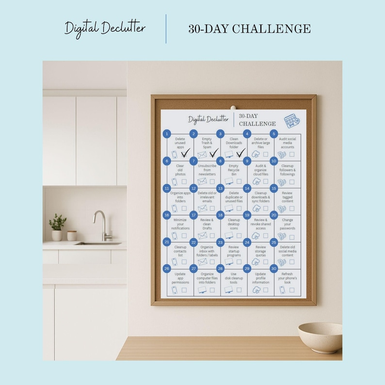 May include: A framed print labelled "Digital Declutter 30-Day Challenge" is displayed on a wall. The print shows a grid with numbered tasks for digital organisation, such as deleting files and managing social media.