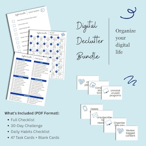 Könnte beinhalten: Ein digitales Aufräum-Bundle mit Checklisten, einer 30-Tage-Challenge und Aufgabenkarten. Das Bild zeigt einen hellblauen Hintergrund mit den Worten "Digital Declutter Bundle" und "Organisieren Sie Ihr digitales Leben".