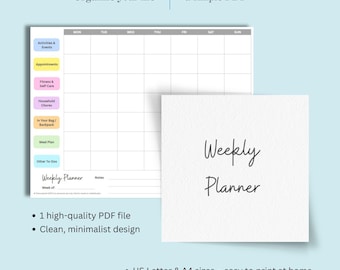 May include: A digital weekly planner with a minimalist design. The planner includes sections for activities, appointments, fitness, household chores, and meal planning. The text "Weekly Planner" is displayed on a white square. The image also includes the text "Organize your life, a simple PDF."