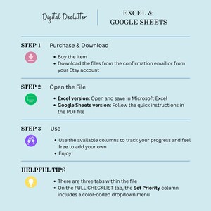 May include: A light blue infographic detailing steps for using Excel and Google Sheets. The steps include purchasing, downloading, and using the file. The text also includes helpful tips for the user. The title is "EXCEL & GOOGLE SHEETS".