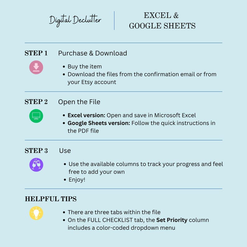 May include: A light blue infographic detailing steps for using Excel and Google Sheets. The steps include purchasing, downloading, and using the file. The text also includes helpful tips for the user. The title is "EXCEL & GOOGLE SHEETS".