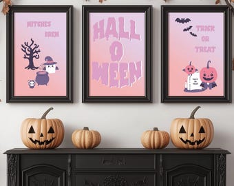 Juego de 3 cuadros de Halloween en rosa - Descarga digital - Póster de Halloween para habitación de niña - Impresión de "truco o trato" - Decoración infantil de Halloween