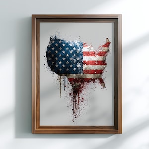 USA Map Wall Art, Patriotic United States Decor, Abstract Splatter American Flag Print,  Rustic Grungy Watercolor Poster, Digital Download