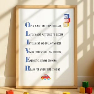 OLIVER Name Acrostic Poem Digital Wall Art - Personalised Name Print - Nursery Décor - Boys Room Art - Custom Name Gift - Multiple Sizes