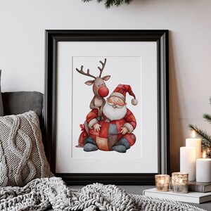 Stampa artistica da parete con Babbo Natale e renne ad acquerello, dolce decorazione natalizia per la cameretta con Rudolph, poster natalizio stravagante con Babbo Natale in patchwork