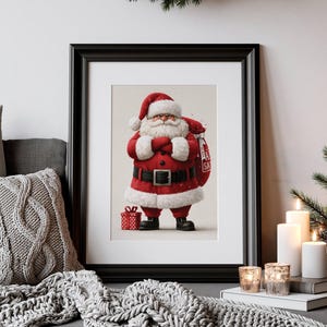 Könnte beinhalten: Ein gerahmter Wandkunstdruck, der einen Cartoon-Weihnachtsmann mit weißem Bart zeigt, bekleidet mit einem roten Anzug mit weißem Pelzbesatz, einem schwarzen Gürtel und schwarzen Stiefeln. Er steht mit verschränkten Armen und hält einen Sack.