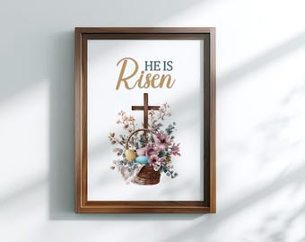 He is Risen Wall Art | Easter Cross Print | Christian Home Decor | Watercolor Floral Spring Gift | Resurrection Sign | Digital Download