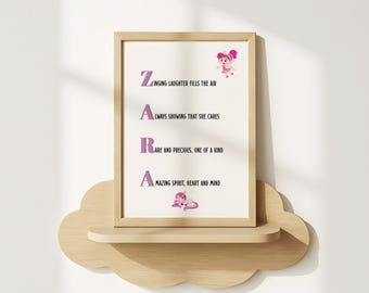 Personlig namnkonst: Zara akrostikondikttryck - Barnrumsdekor (digital nedladdning)